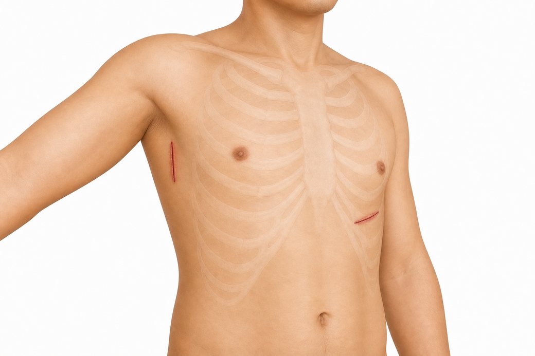 Two small incisions for minimally invasive LVAD implantation, breastbone not split